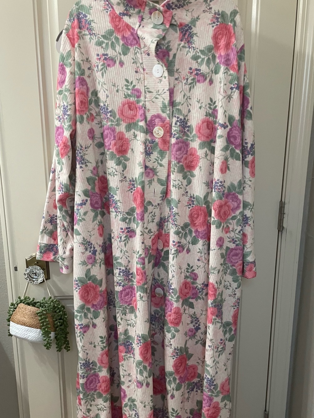 Floral Pink and Purple Long Button-Front Women’s robe